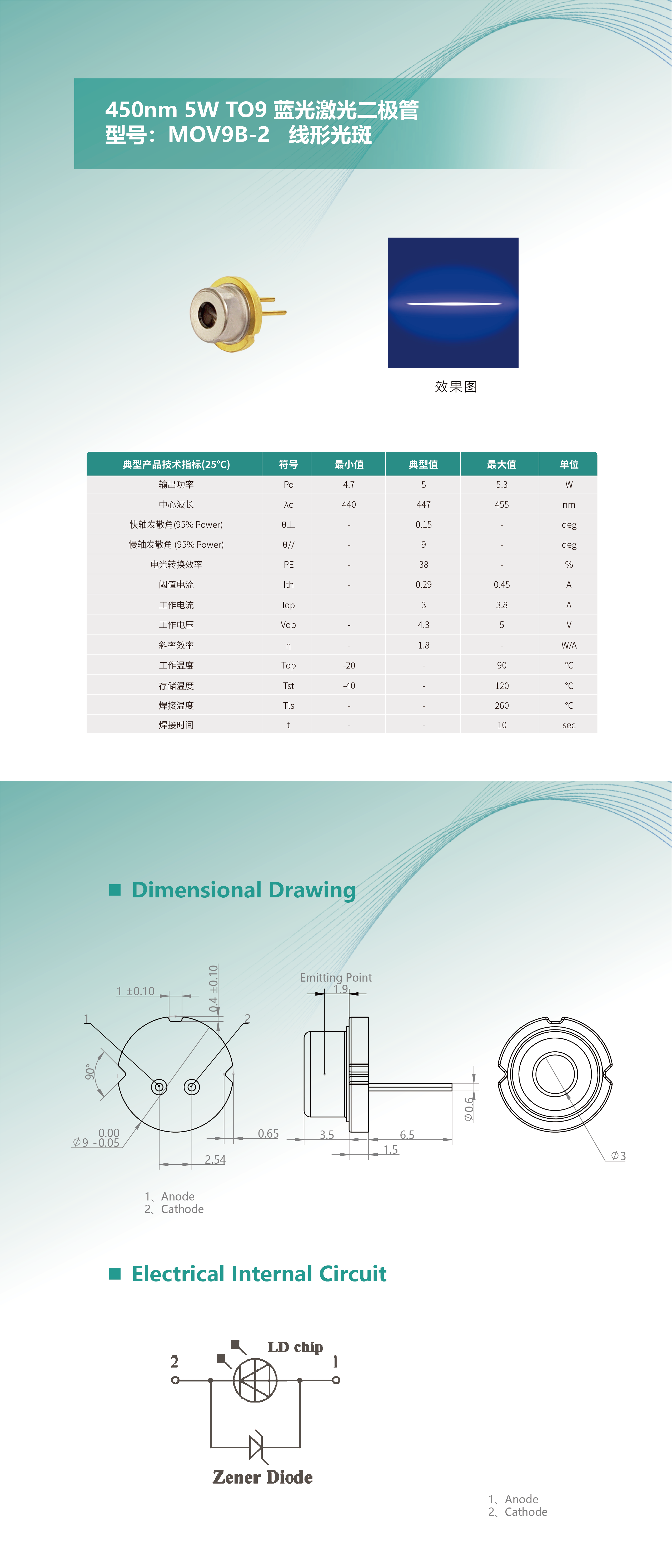 450nm 5W TO9 藍(lán)光激光二極管 MOV9B-2 長圖