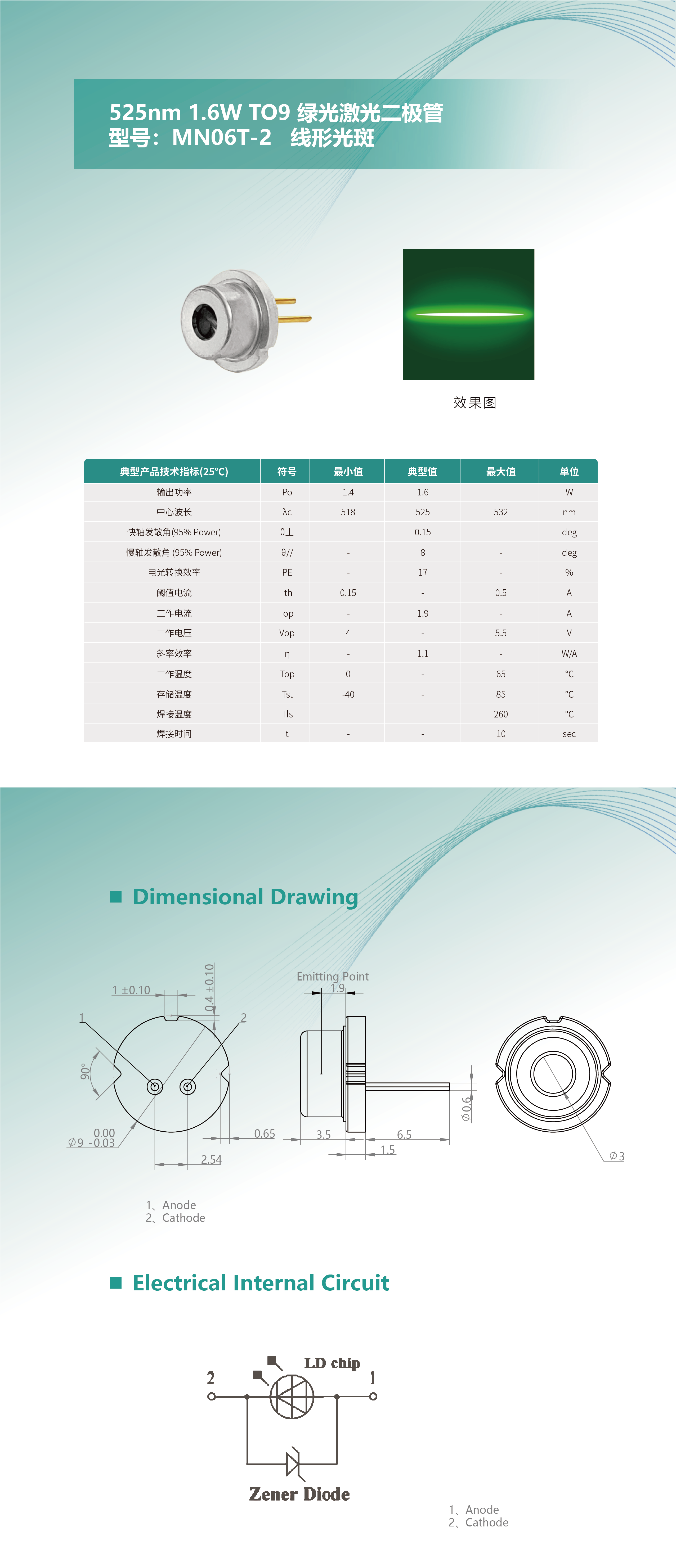 525nm 1.6W TO9 綠光激光二極管 MN06T-2 長圖